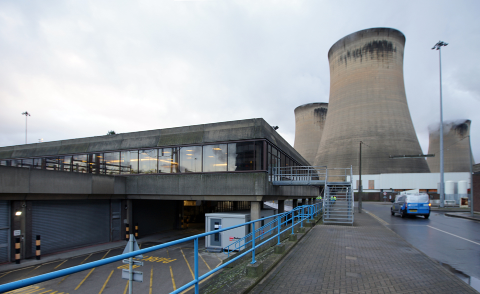 Control room and cooling towers.