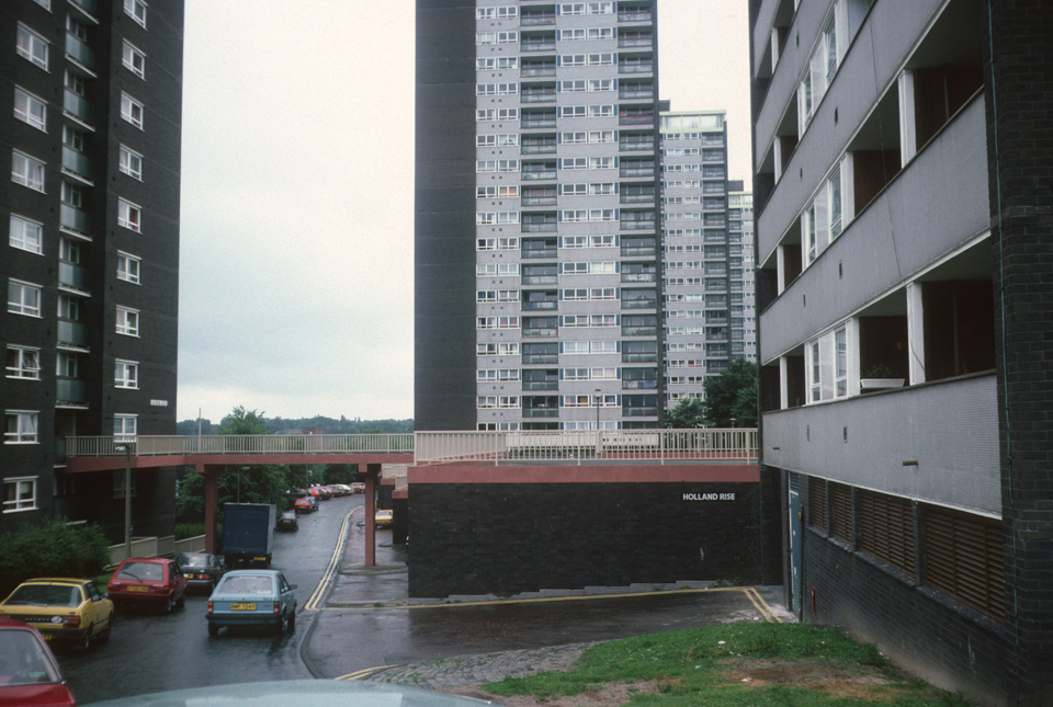 View of 21-storey blocks on College Bank Way with Underwood and Mardyke in foreground, 1987.