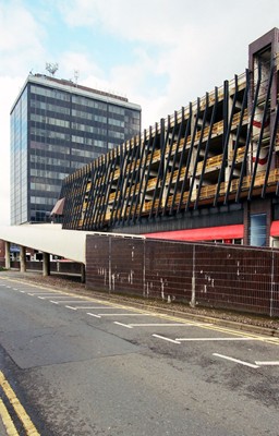 Bus station, multi storey car park and offices. View from Smith Street.