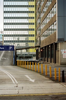 Ramp to left, tower to right. View from Chorlton Street.