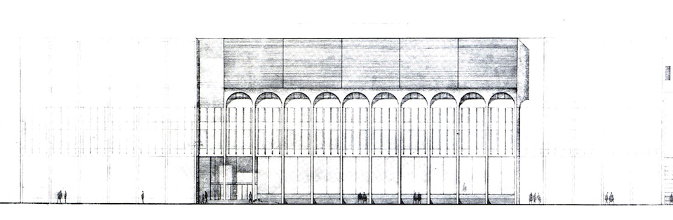 Long elevation showing unbuilt second and third phases.